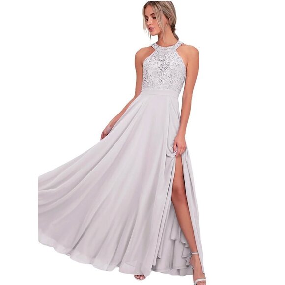 NWT LULUS Love Poem Gray Halter Gown Crocheted Lace Bodice - Picture 1 of 11